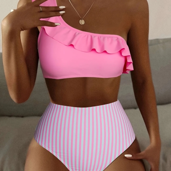 One Shoulder High Cut Bikini Pink - Picture 1 of 4